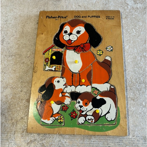 Vintage Fisher Price Dog & Puppies Wooden Eight Piece Puzzle - Picture 1 of 3
